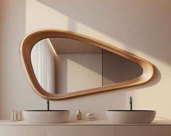 Full Length Wooden Wall Mirror, Mid Century Modern Mirror, Asymmetrical Wood Frame Mirror Home Decor, Custom Mirror for Interior Designers
