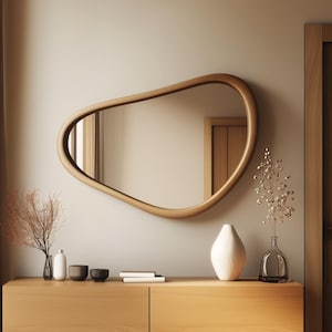 Wood Frame Wall Mirror, Home Decor Mirror, Mid Century Modern Wooden Mirror, Asymmetrical Mirror, Bathroom Mirror, Entryway Mirror