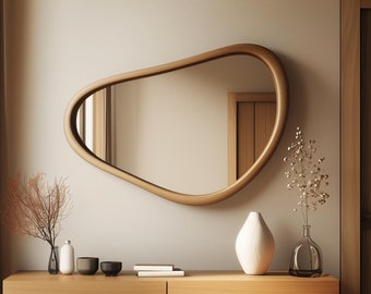 Wood Frame Wall Mirror, Home Decor Mirror, Mid Century Modern Wooden Mirror, Asymmetrical Mirror, Bathroom Mirror, Entryway Mirror
