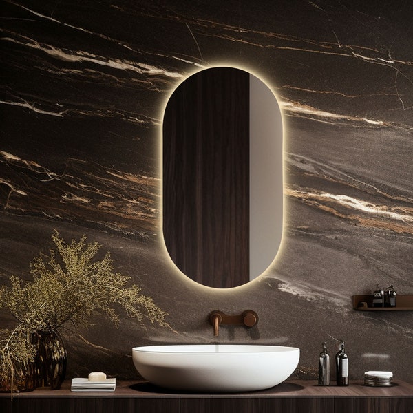 Oval Vanity Mirror with Led Lights, LED Bathroom Mirror, Asymmetrical  Lighted Mirror, Illuminated Large Wall Mirror, Makeup Backlit Mirror