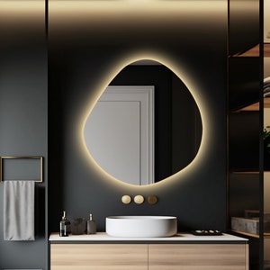不規則な LED バスルームミラー、照明付き大型壁掛けミラー、LED ライト付き化粧鏡、LED ライト付き波型ミラー、バックライト付きミラー