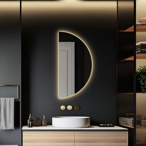 Half Circle LED Lighted Bathroom Mirror, Vanity Mirror with Led Lights, Large Wall Backlit Mirror, Asymmetrical Mirror With Led Lighting