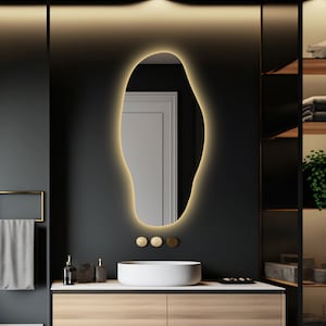 Irregular Mirror With Led Lights,  Asymmetrical Lighted Mirror, Led Bathroom Mirror, Illuminated Vanity Mirror, Wavy Large Wall Mirror