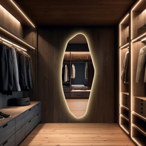 Full Length Mirror With Lights, Asymmetric Large Wall Mirror, Irregular Mirror for Wall, Led Lighted Dressing Room Mirror, Wavy Long Mirror
