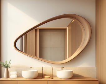 Large Wooden Wall Mirror, Mid Century Modern Mirror Home Decor, Unique Mirror for Interior Designers, Bathroom Mirror, Entryway Mirror