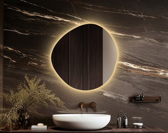 Miroir de salle de bain asymétrique avec lumières LED, miroir de courtoisie LED RVB, miroir lumineux irrégulier, grand miroir mural lumineux, miroir rétroéclairé