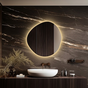 Asymmetrical Bathroom Mirror With Led Lights, RGB Led Vanity Mirror, Irregular Lighted Mirror, Illuminated Large Wall Mirror, Backlit Mirror image 1