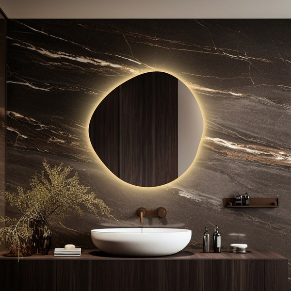 Asymmetrical Bathroom Mirror With Led Lights, RGB Led Vanity Mirror, Irregular Lighted Mirror, Illuminated Large Wall Mirror, Backlit Mirror