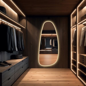 Led Lighted Full Length Wall Mirror, Asymmetrical Full Body Mirror, Backlit Dressing Room Mirror, Lighted Large Wall Mirror, Modern Mirror