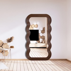 Wooden Full Length Wavy Mirror, Curvy Floor Mirror, Funky Full Body Mirror, Irregular Design Unique Mirror for Home Decor, A Statement Piece
