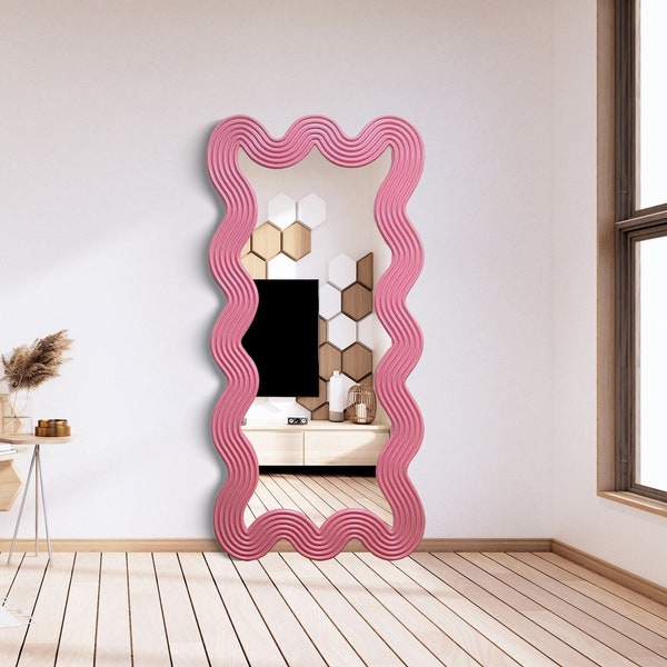 Pink Wavy Floor Mirror, Curvy Full Length Mirror, Funky Full Body Mirror, Squiggle Standing Mirror, Irregular Large Size Mirror