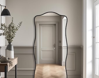 Aesthetic Arched Full Length Mirror, Modern Floor Mirror, Huge Mirror for Home Decor, Sleek Black Wood Framed Mirror