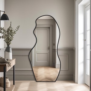 Black Framed Modern Floor Mirror, Large Irregular Full Length Mirror, Aesthetic Full Size Mirror, Asymmetrical Big Mirror, Huge Wall Mirror