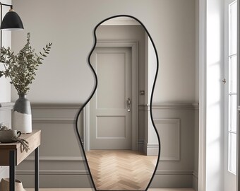 Black Framed Modern Floor Mirror, Large Irregular Full Length Mirror, Aesthetic Full Size Mirror, Asymmetrical Big Mirror, Huge Wall Mirror