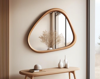 Asymmetric Wood Frame Mirror, Minimalist Wooden Bathroom Mirror, Modern Living Room Mirror Home Decor