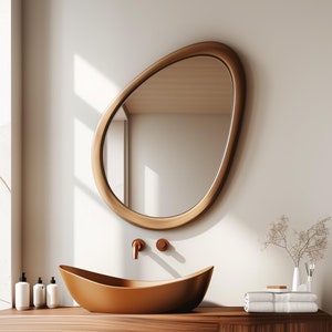Mid Century Wall Mirror, Wood Frame Mirror, Asymmetrical Modern Mirror, Wood Frame Bathroom Mirror, Entryway Mirror, Irregular Wall Art