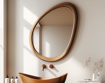 Mid Century Wall Mirror, Wood Frame Mirror, Asymmetrical Modern Mirror, Wood Frame Bathroom Mirror, Entryway Mirror, Irregular Wall Art