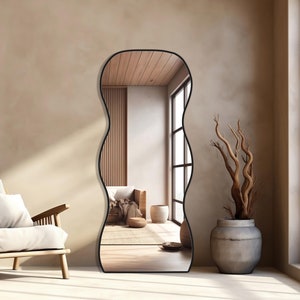 Wavy Full Length Mirror, Black Framed Floor Mirror, Tall Curvy Mirror Home Decor, Chic and Stylish Statement Piece, Irregular Floor Mirror