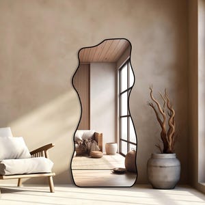 Aesthetic Full Length Mirror, Modern Curvy Floor Mirror, Irregular Statement Mirror, Tall Asymmetrical Mirror Home Decor for Interior Design