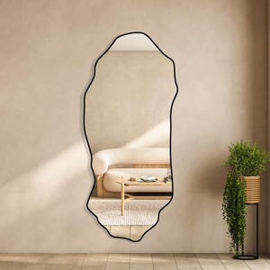 Chic Full Length Wall Mirror, Large Irregular Mirror, Unique Statement Mirror, Aesthetic Home Accent, Black Framed Wavy Mirror