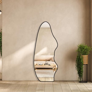 Modern Asymmetrical Full-Length Mirror, Black Frame Floor Mirror, Decorative Minimalist Design for Living Room, Bedroom, or Entryway