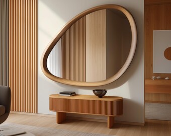 非対称木製ミラー、ミッドセンチュリーモダンウォールミラーホーム