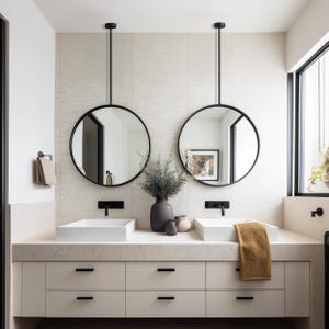 May include: A modern bathroom with two round, black-framed mirrors suspended from the ceiling. The mirrors reflect the room's interior, including white sinks, a beige countertop, and a white cabinet with black handles. A yellow towel hangs on the counter.