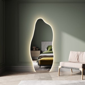 Espejo de cuerpo entero con iluminación LED, espejo de piso iluminado, espejo de cuerpo completo irregular, espejo de vestidor ondulado, espejo de pared grande retroiluminado imagen 5