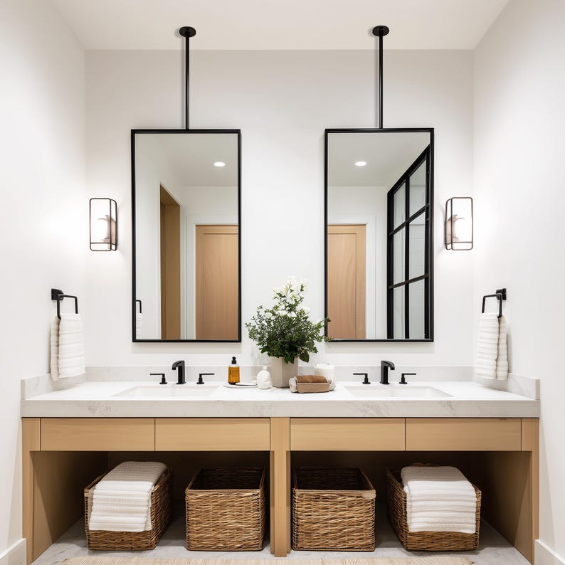 Ceiling Mounted Rectangular Mirror, Metal Framed Master Bathroom Mirror ...
