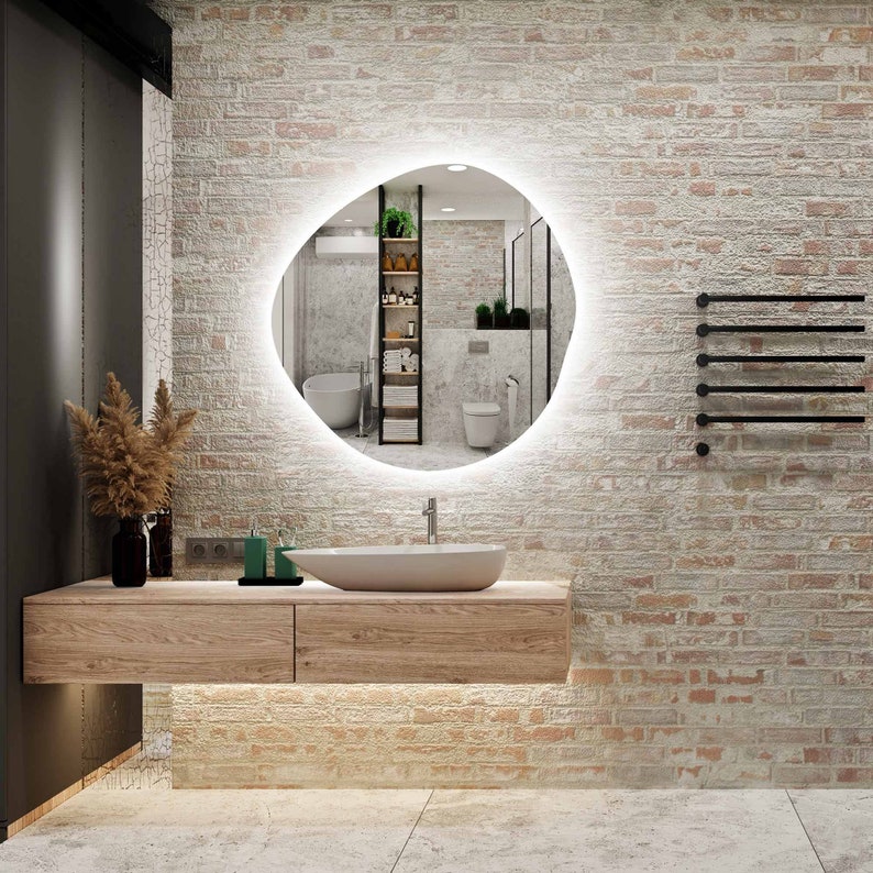 Asymmetrical Bathroom Mirror With Led Lights, RGB Led Vanity Mirror, Irregular Lighted Mirror, Illuminated Large Wall Mirror, Backlit Mirror zdjęcie 6