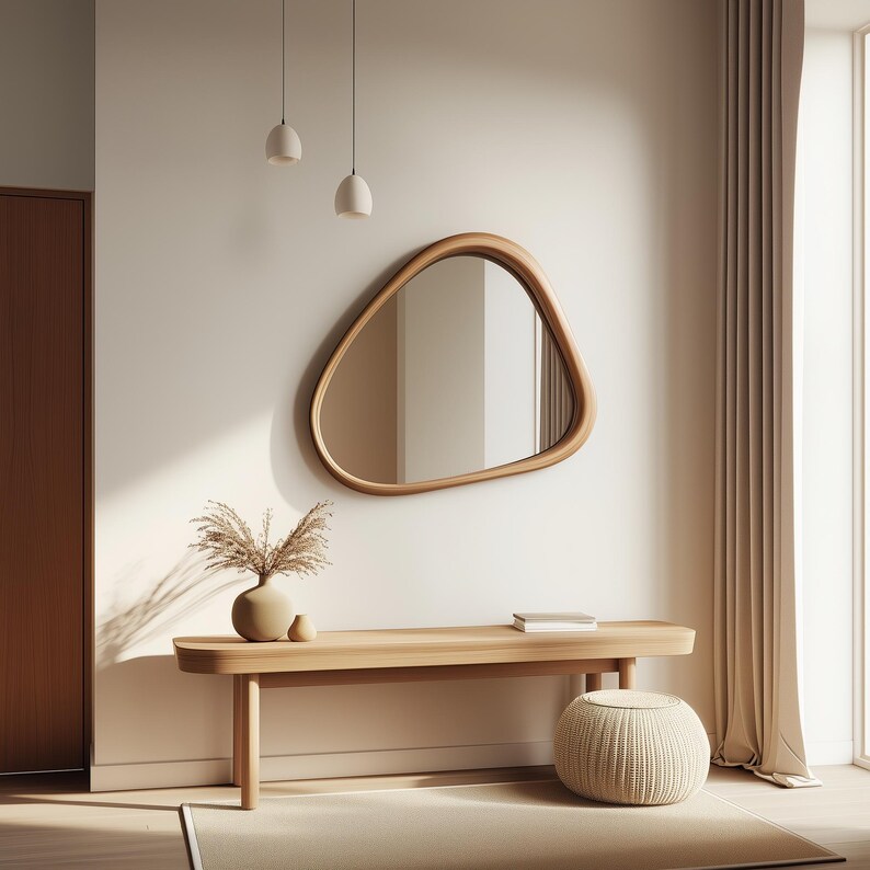 Asymmetric Wood Frame Mirror, Minimalist Wooden Bathroom Mirror, Modern ...