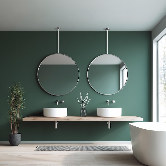 Round Metal Framed Mirror, Ceiling Mounted Bathroom Mirror, Suspended Circular Mirror, Silver Framed Mirror, Modern Ceiling Hung Mirror