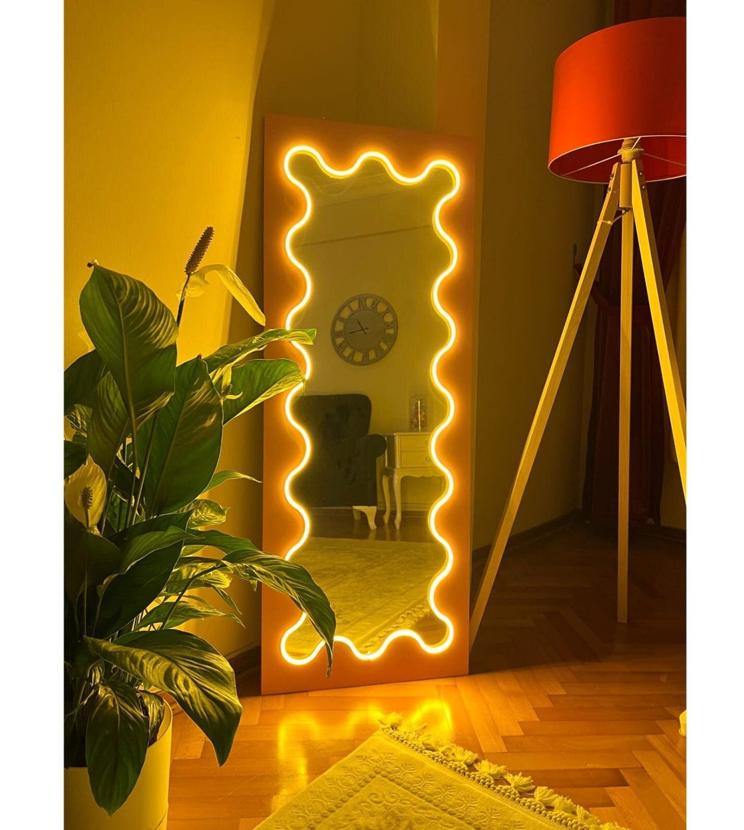 Lighted Wavy Floor Mirror, Funky Standing Mirror, Led Full Length