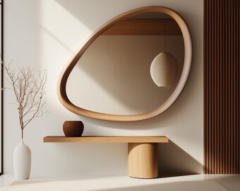 非対称木製ミラー、ミッドセンチュリーモダンウォールミラーホーム