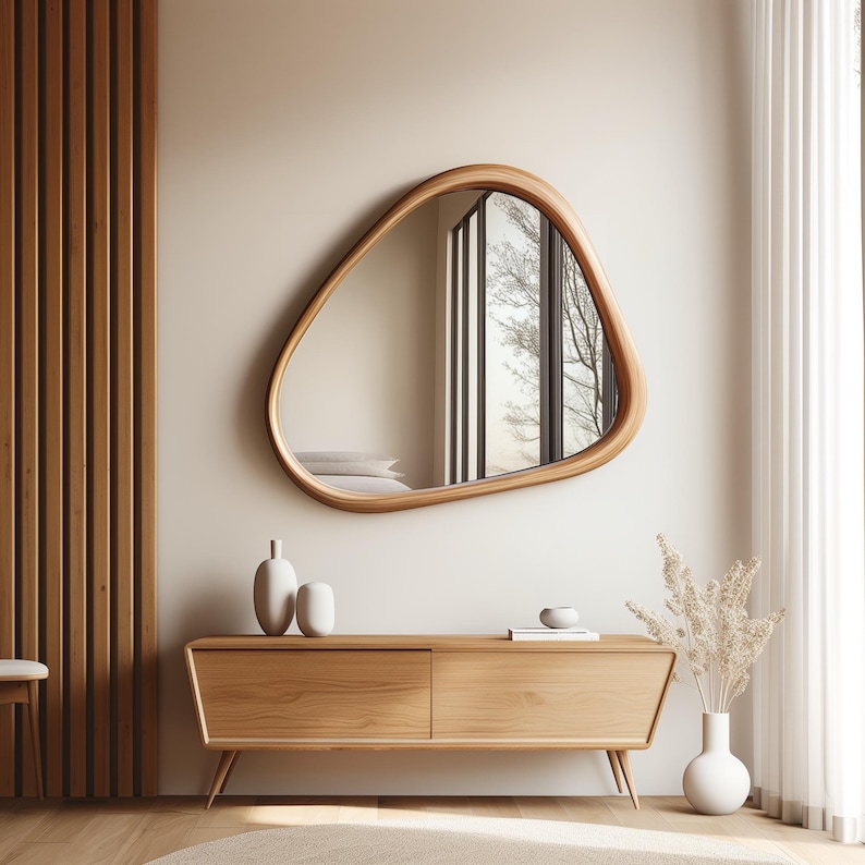 Asymmetric Wood Frame Mirror, Minimalist Wooden Bathroom Mirror, Modern ...