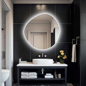 Asymmetrical Bathroom Mirror With Led Lights, RGB Led Vanity Mirror, Irregular Lighted Mirror, Illuminated Large Wall Mirror, Backlit Mirror zdjęcie 5