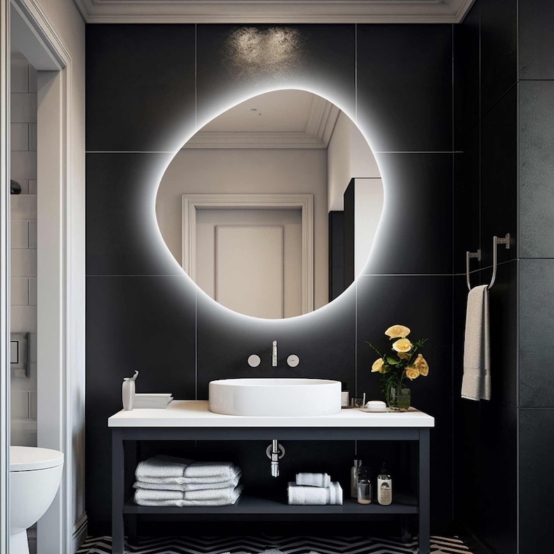 Asymmetrical Bathroom Mirror With Led Lights, RGB Led Vanity Mirror, Irregular Lighted Mirror, Illuminated Large Wall Mirror, Backlit Mirror zdjęcie 5