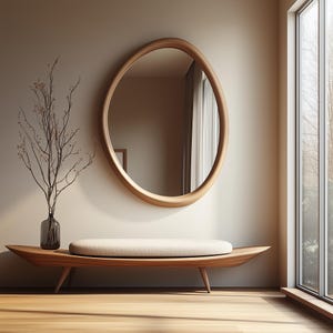 May include: A white cushioned bench with wooden legs sits in front of a large oval mirror with a wooden frame. A vase with dried branches sits on the floor to the left of the bench.