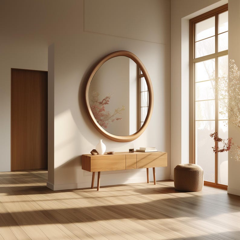May include: A wooden console table with three drawers and a round mirror hanging above it. The table has a light wood finish and the mirror has a dark wood frame. A white ceramic vase sits on the table.