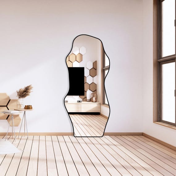 Specchio irregolare asimmetrico da design astratto, Specchio da parete 68x53,5cm con cornice rustica Naturale