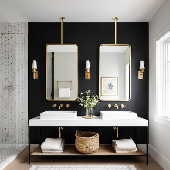 Suspended Metal Mirror, Gold Bathroom Mirror, Ceiling Mounted Mirror, Rectangular Vanity Mirror, Beauty Salon Mirror, Hairdresser Mirror