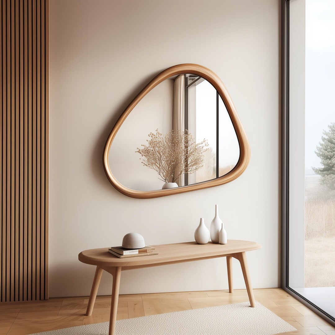 Asymmetric Wood Frame Mirror, Minimalist Wooden Bathroom Mirror, Modern ...