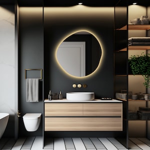 Asymmetrical Bathroom Mirror With Led Lights, RGB Led Vanity Mirror, Irregular Lighted Mirror, Illuminated Large Wall Mirror, Backlit Mirror image 4