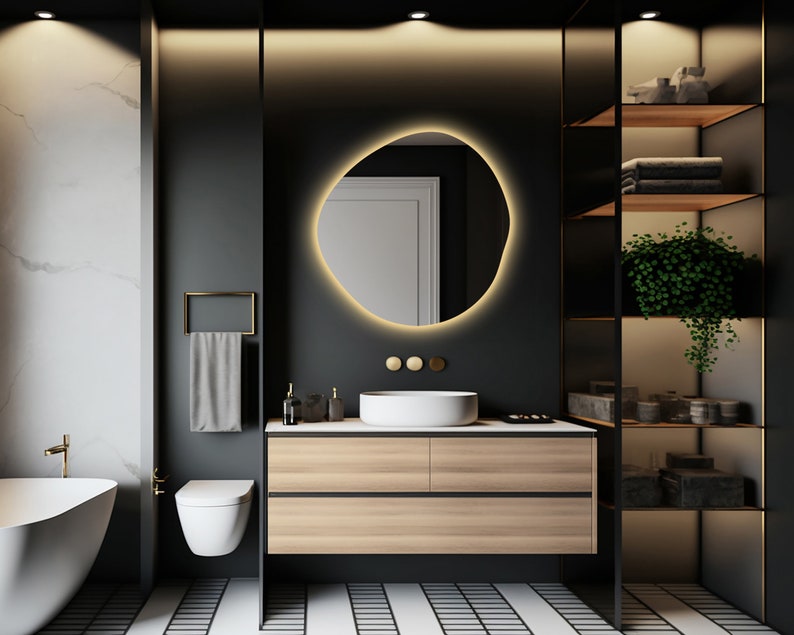 Asymmetrical Bathroom Mirror With Led Lights, RGB Led Vanity Mirror, Irregular Lighted Mirror, Illuminated Large Wall Mirror, Backlit Mirror image 4