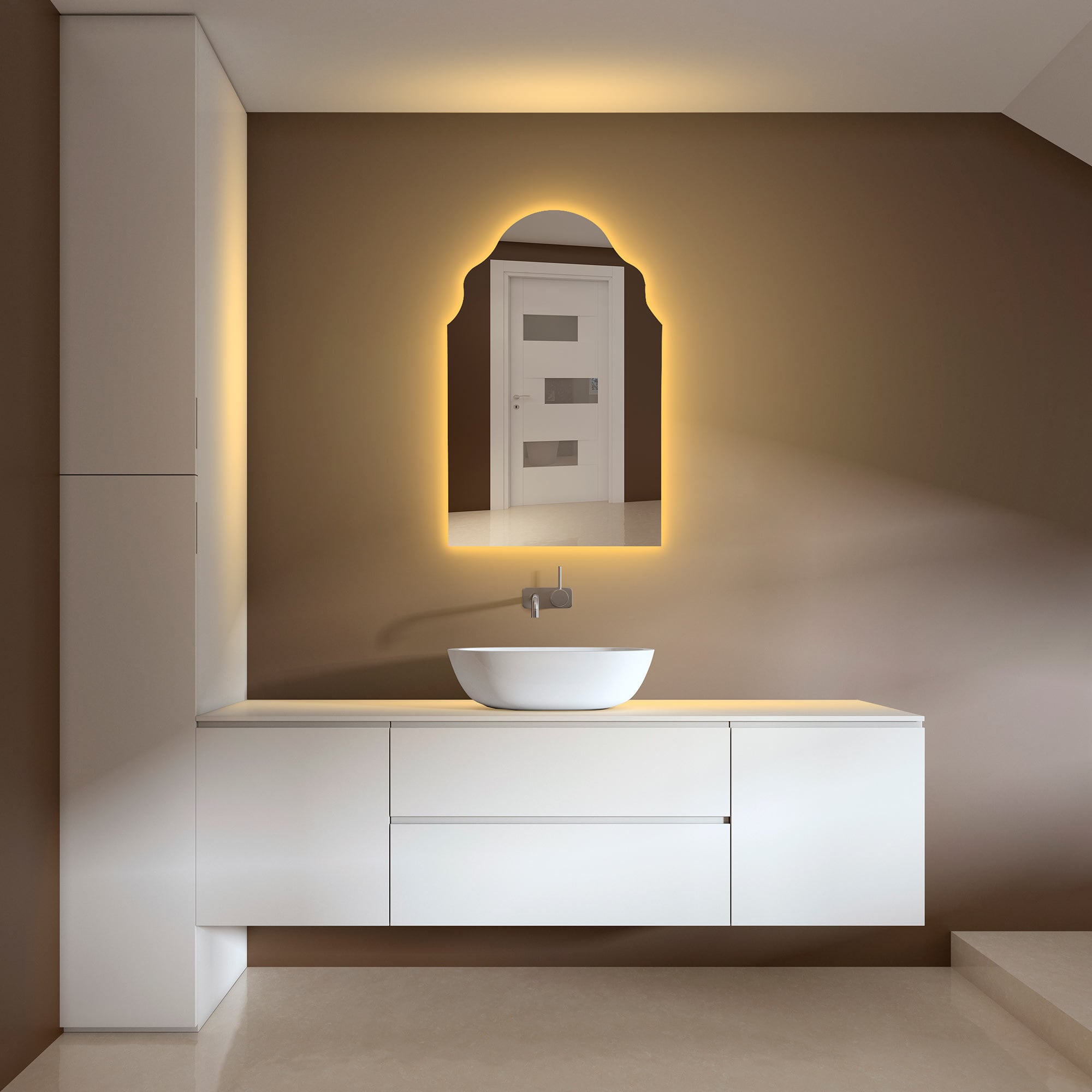 Gewölbter LED-Badezimmerspiegel, LED-Beleuchtungsbogen-Wandspiegel ...