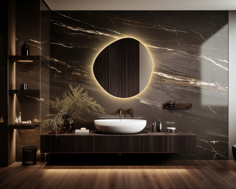 Asymmetrical Bathroom Mirror With Led Lights, RGB Led Vanity Mirror, Irregular Lighted Mirror, Illuminated Large Wall Mirror, Backlit Mirror zdjęcie 1