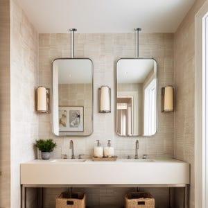 Op de afbeelding: Een moderne badkamer met twee rechthoekige spiegels die aan het plafond hangen. De spiegels bevinden zich boven een witte aanrecht met twee wastafels, kranen en wandlampen. De muren zijn lichtbeige, met twee geweven manden eronder.
