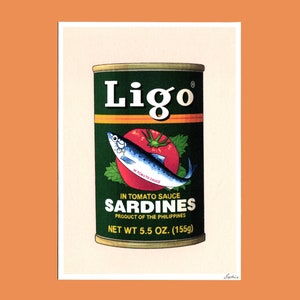 May include: A green can of Ligo sardines in tomato sauce. The can features a red tomato and a silver fish. The text on the can reads "Ligo", "In Tomato Sauce", "Sardines", "Product of the Philippines", and "Net Wt 5.5 oz. (155g)".
