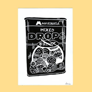 A6 ブラックリノカットプリント - 森永ミックスドロップス - キャンディーパッケージイラスト