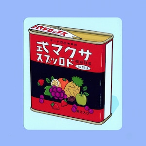 May include: A red and black can with the text "エマクサ スプロイド" in Japanese. The can contains a variety of fruits, including strawberries, grapes, pineapple, and oranges. The text on the can also says "Fruit Juice Included".